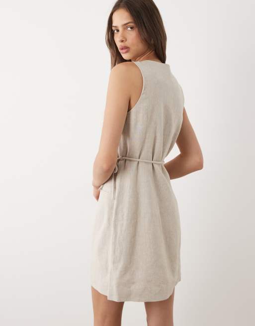 YAS linen-blend tailored mini dress with purse tie detail in white pepper, 3 of 4