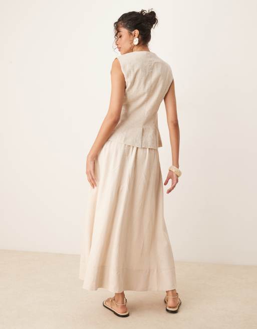 YAS linen touch full midi skirt in birch cream, 3 of 5