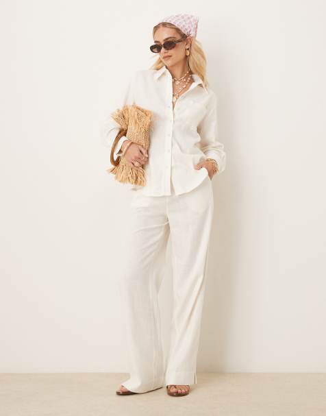 YAS linen touch oversized shirt and elasticated waist wide leg trousers set in white - view 1