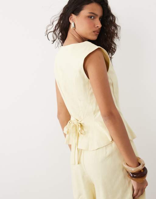 YAS linen touch round neck tie back waistcoat co-ord in pastel yellow, 4 of 4
