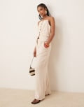 [YAS] YAS linen touch tailored high waist wide leg pants in cream melange (part of a set)-White 6 White pepper