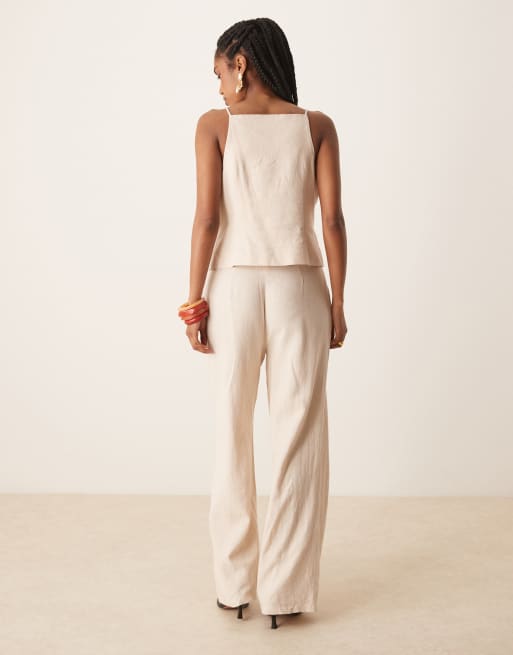 YAS linen touch tailored high waist wide leg trouser co-ord in cream melange, 3 of 5