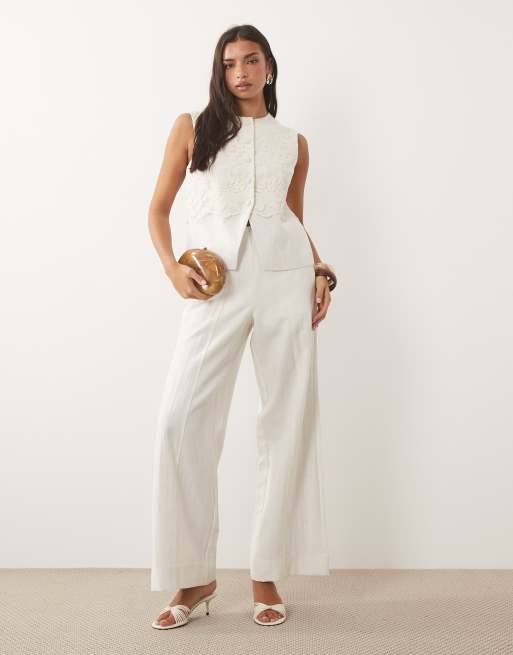 YAS linen-touch tailored vest with lace overlay in pristine heather - part of a set, 2 of 4