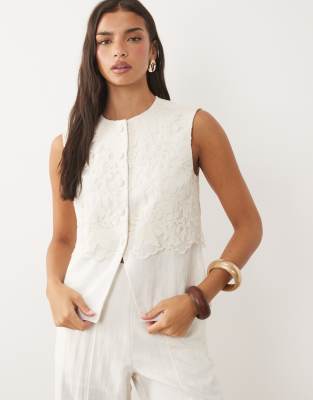 Y.a.s. Linen-touch Tailored Waistcoat Co-ord With Lace Overlay In Neutral