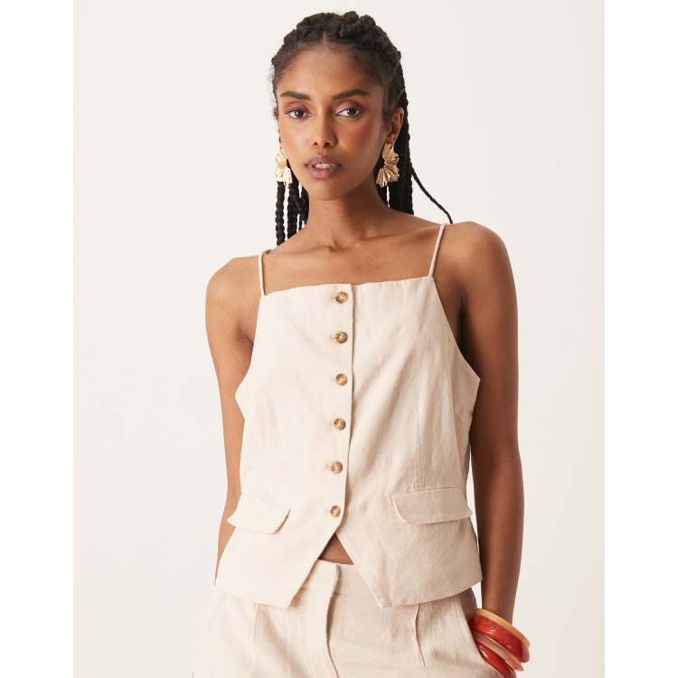 ベスト・ジレ Mone Lauren Square Vest (6color) Vest regular made from an organic cotton/linen blend - beige