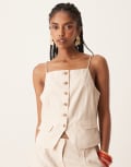 [YAS] YAS linen touch thin strap square neck waistcoat in cream melange (part of a set)-White 8 White pepper
