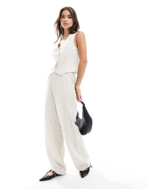 YAS linen touch wide leg pants in neutral sand (part of a set)