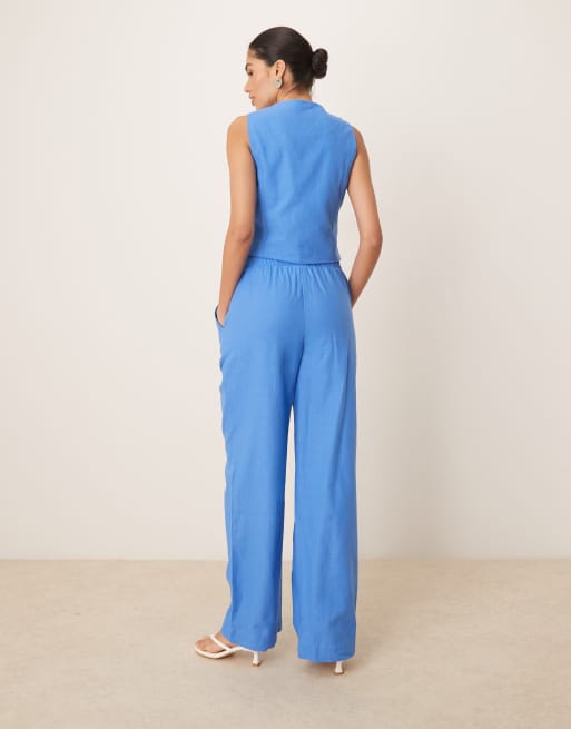 YAS linen touch wide leg pants in provence blue - part of a set, 2 of 5