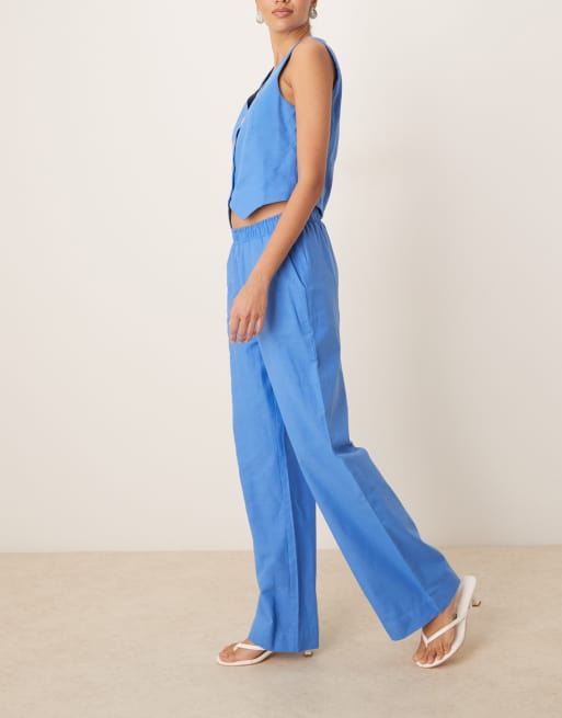 YAS linen touch wide leg pants in provence blue - part of a set, 4 of 5