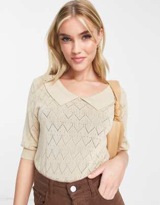 Y.A.S - Lola - Kurzärmliger Pullover in Sand mit Kragendetail-Neutral