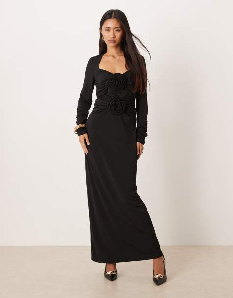YAS long ruched sleeve slinky maxi dress with rosette bodice in black
