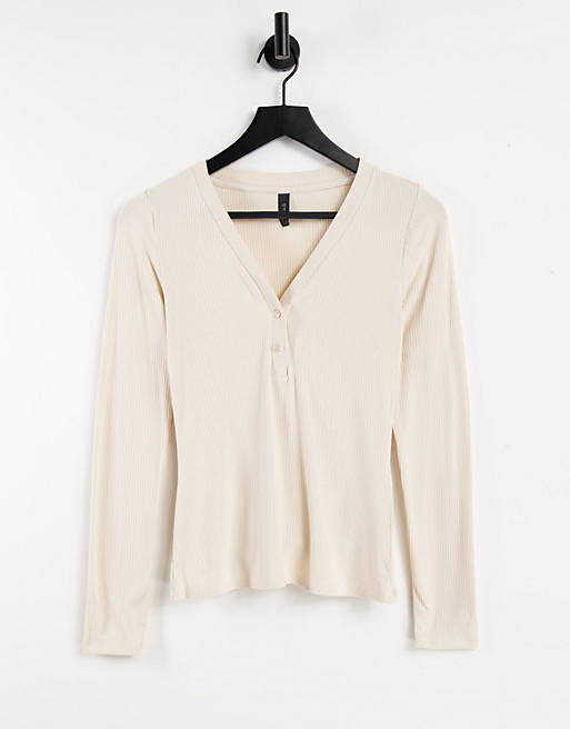 Y.A.S long sleeve button front t-shirt in cream