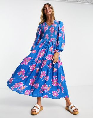 Y.A.S long sleeve floral maxi dress in blue