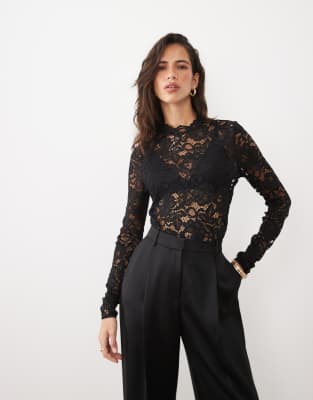 Y.a.s. Long Sleeve High Neck Floral Lace Top In Black