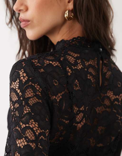 YAS long sleeve high neck floral lace top in black, 2 of 4