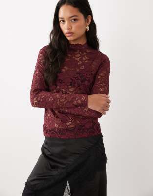 Y.a.s. Long Sleeve High Neck Floral Lace Top In Red