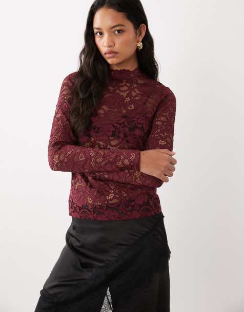 YAS long sleeve high neck floral lace top in burgundy - view 1