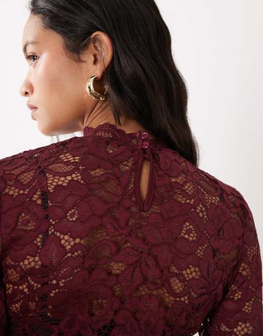YAS long sleeve high neck floral lace top in burgundy, 3 of 4