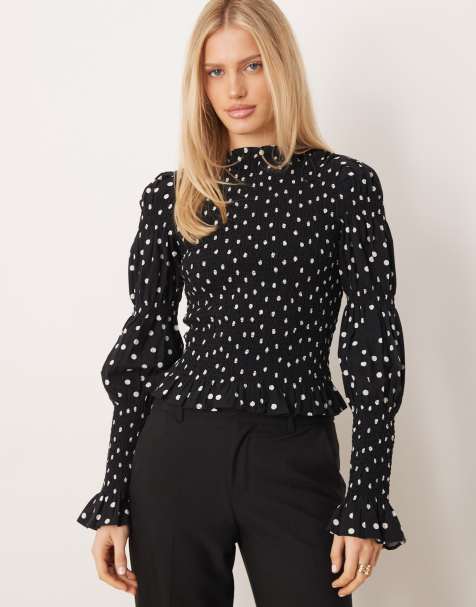 YAS long sleeve high neck smock top in black and white polka dot - view 1