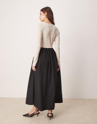 Y.a.s. Long Sleeve Jersey And Poplin Hybrid Maxi Dress In Black