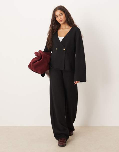 YAS long sleeve knit cardigan and wide leg pants set in black - view 1