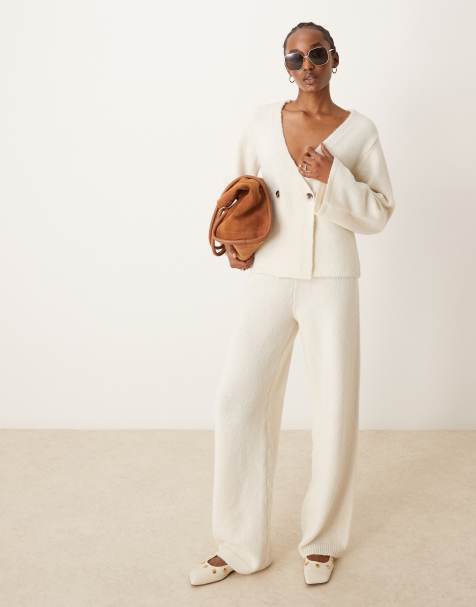 YAS long sleeve knitted cardigan and wide leg pants set in birch - view 1