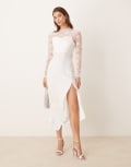 [YAS] YAS long sleeve lace underlay cami satin dress in gardenia white S Gardenia