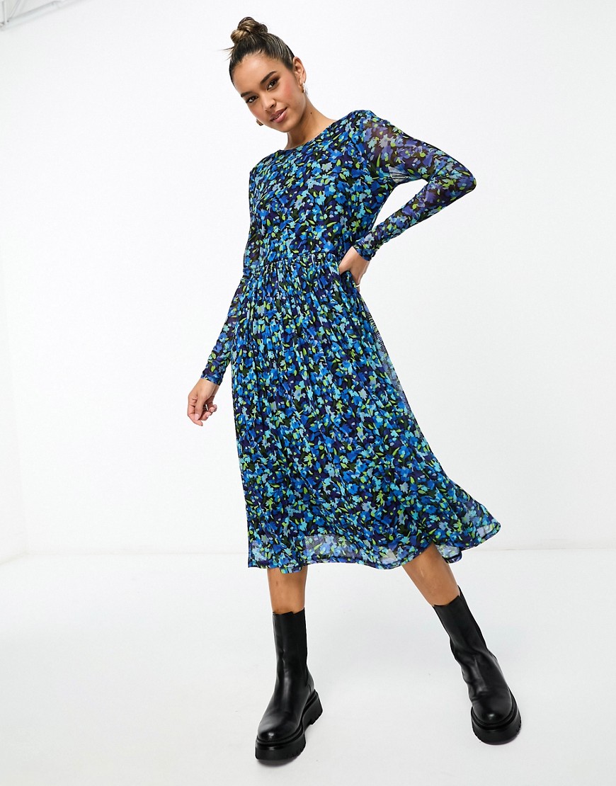 Y. A.S long sleeve mesh midi dress in blue floral print