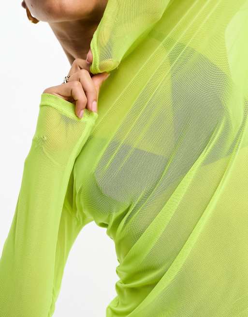 Lime Green Mesh Strappy Bodysuit Long Sleeve Jumpsuit Two Piece Set