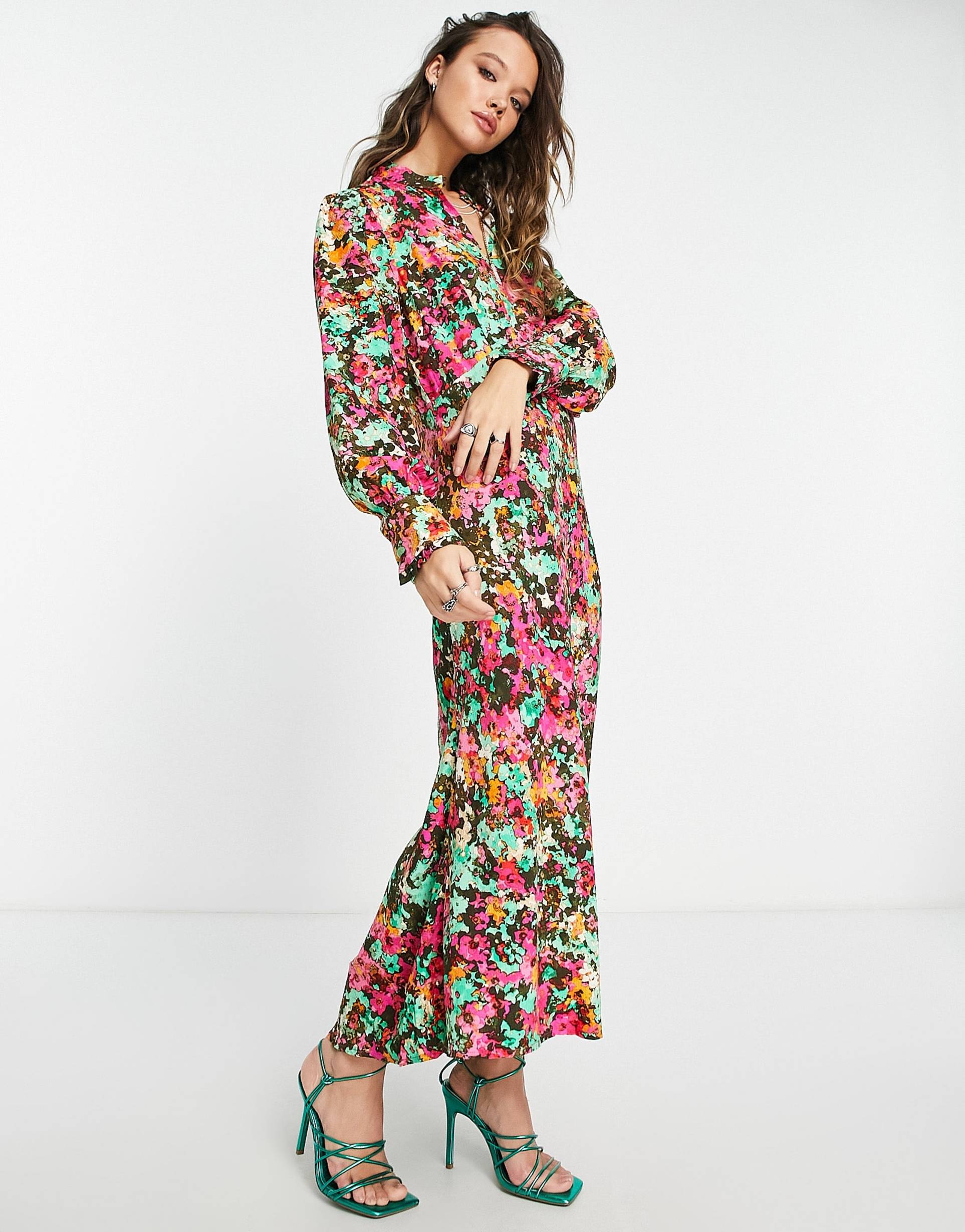 yas long sleeve midi dress in florals