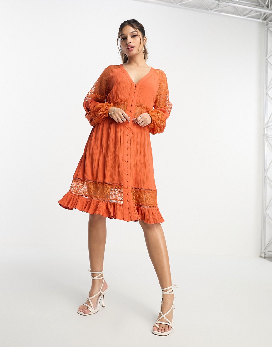 Y.a.s. Long Sleeve Mini Dress With Lace Inserts In Rust-red