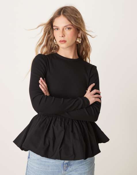YAS long sleeve puffball hem top in black - view 1