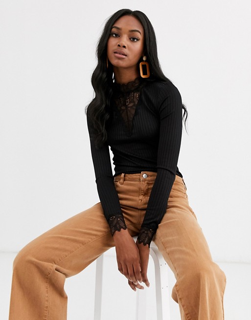 Y.A.S long sleeve ribbed jersey top with high neck lace detail