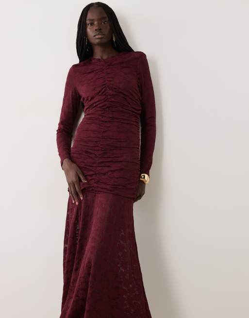 YAS long sleeve ruched waist lace maxi dress in fig, 3 of 4