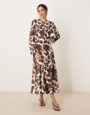 long sleeve satin maxi dress in brown cow print-Multi