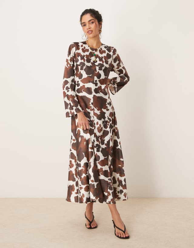 YAS long sleeve satin maxi dress in brown cow print
