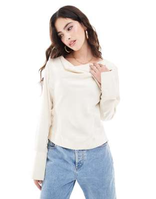 YAS long sleeve satin top in off white - WHITE