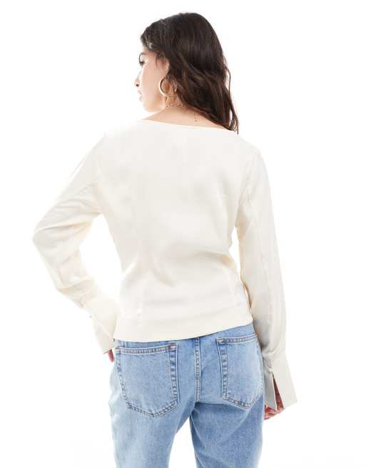 YAS long sleeve satin top in off white WHITE