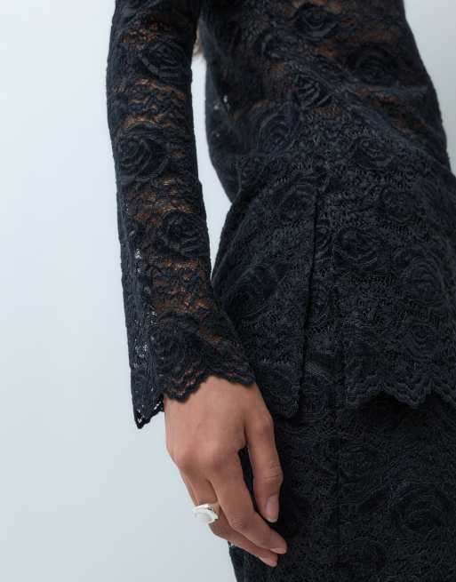 YAS long sleeve sheer lace top co-ord in black, 3 of 5