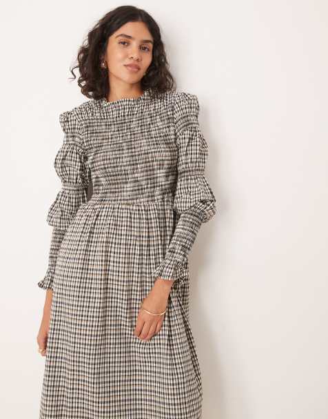 YAS long sleeve shirred midi dress in beige check - view 1