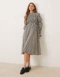 [YAS] YAS long sleeve shirred midi dress in beige check-Neutral M Eggnog Check
