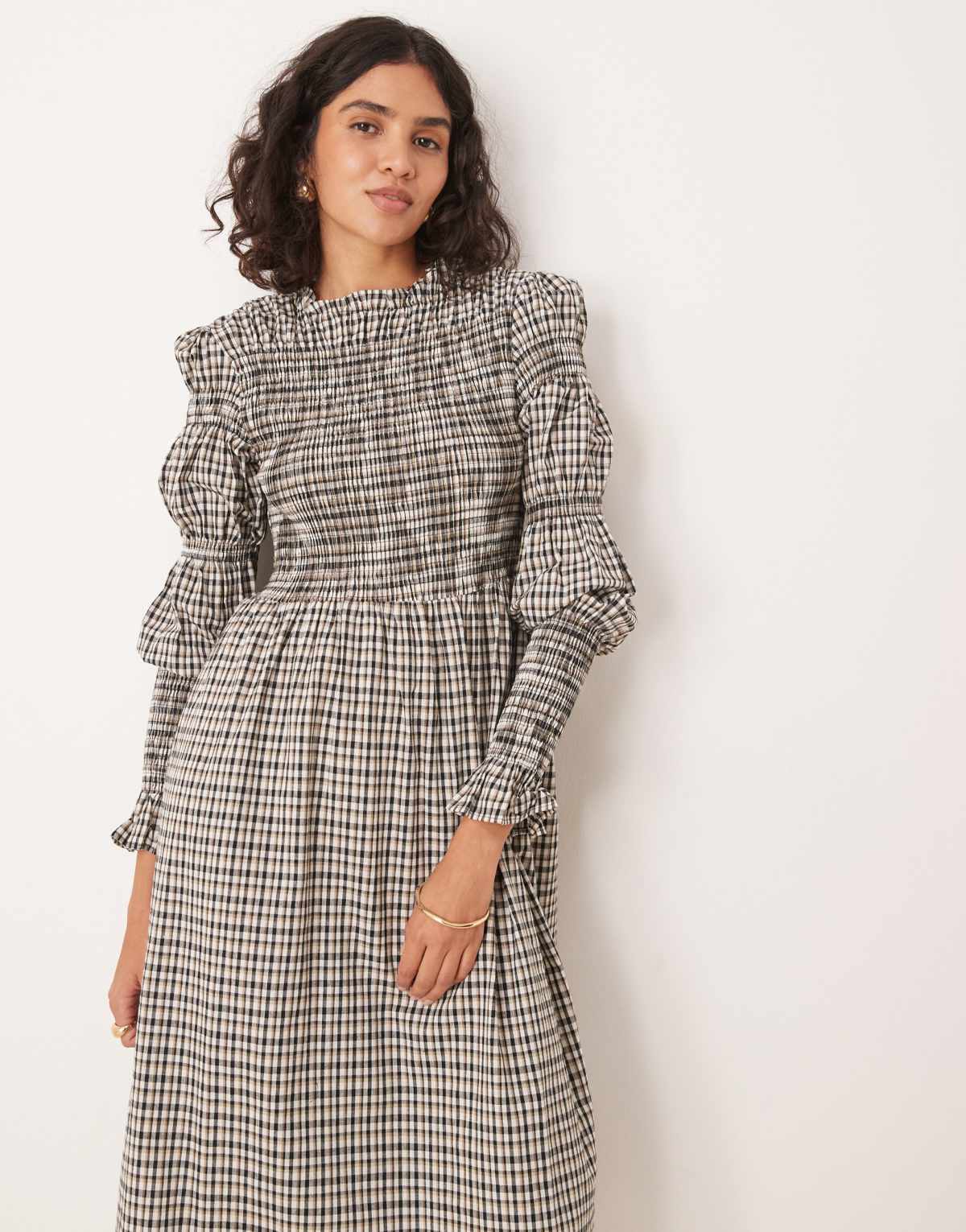 YAS long sleeve shirred midi dress in beige check