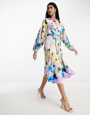 Y.A.S long sleeve shirt midi dress with oversized blurred floral print