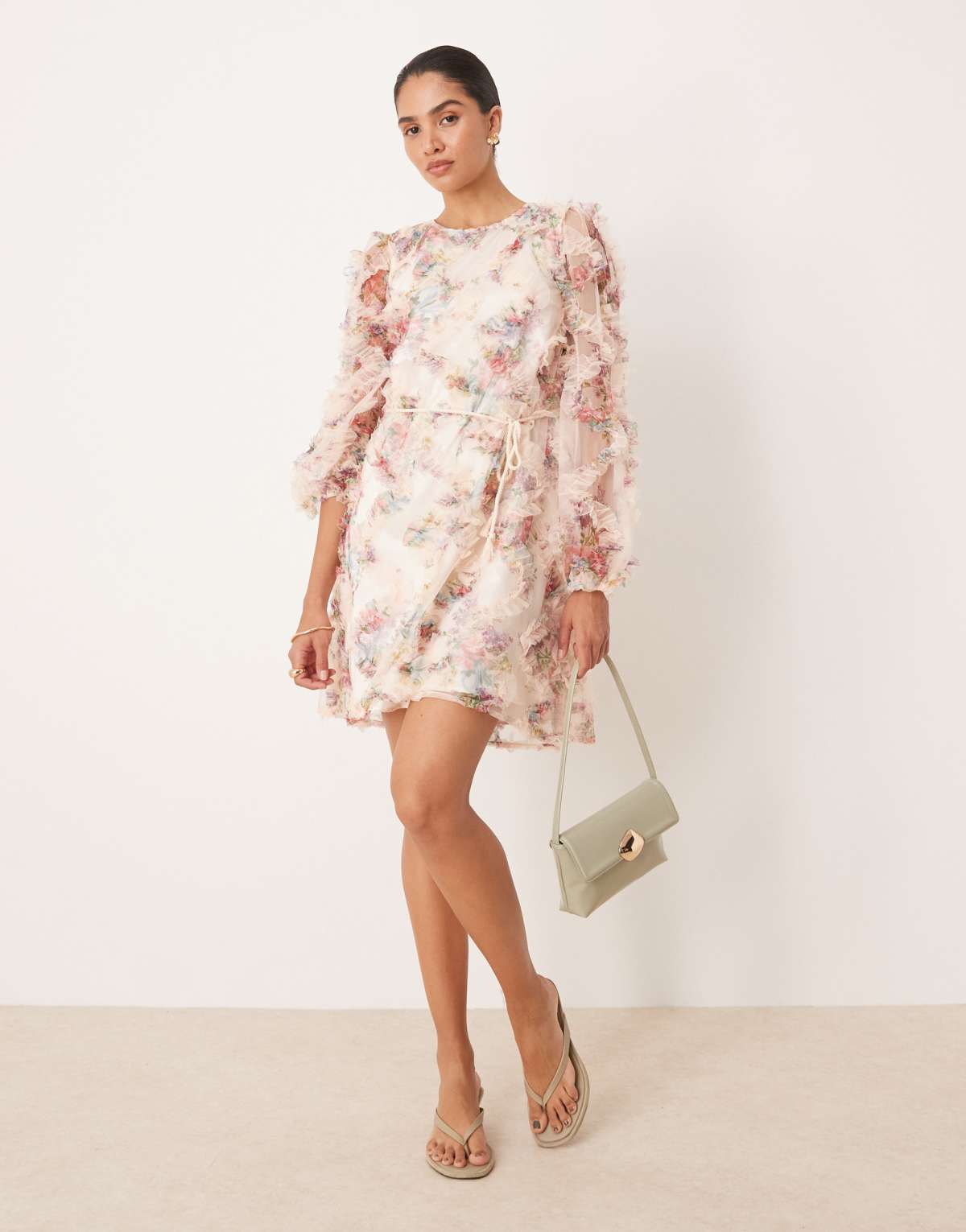 YAS long sleeve textured mini dress in blurred floral print
