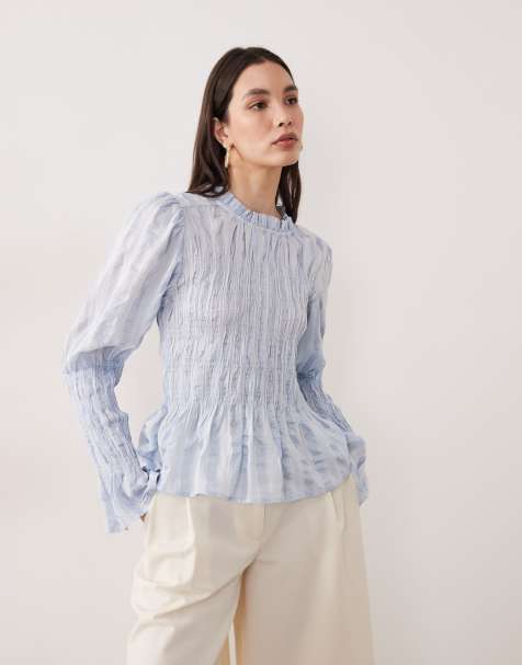 YAS long sleeve textured smock top in pastel blue - view 1
