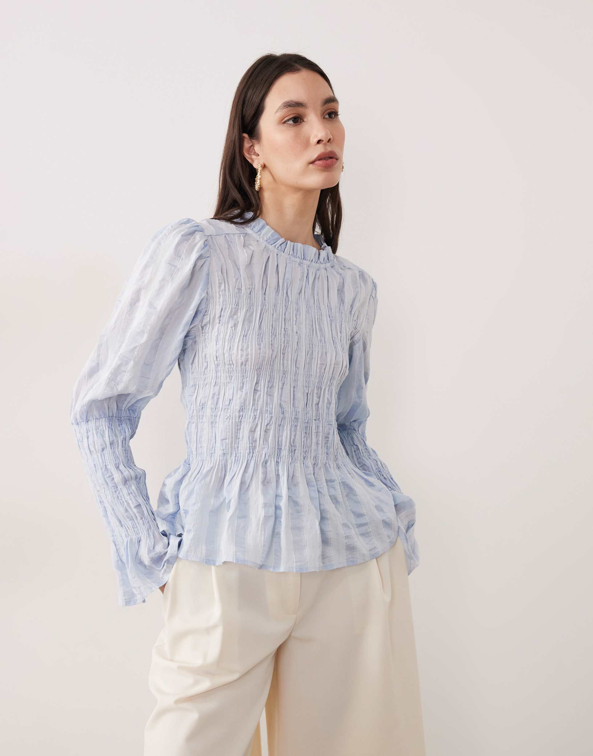 yas long sleeve textured smock top in pastel blue