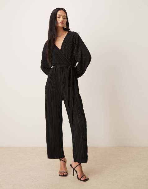 YAS long sleeve tie waist plisse jumpsuit in black - view 1
