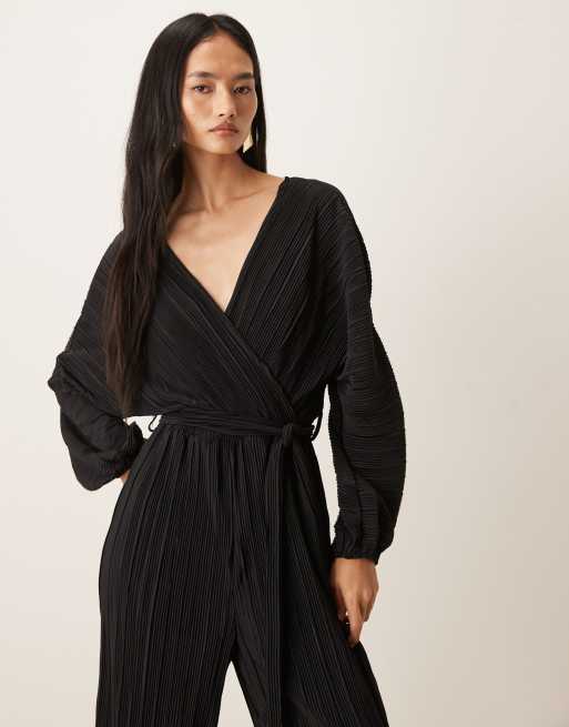 YAS long sleeve tie waist plisse jumpsuit in black, 2 of 4