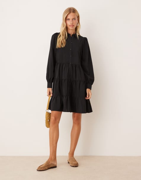 YAS long sleeve tiered mini shirt dress in black - view 1