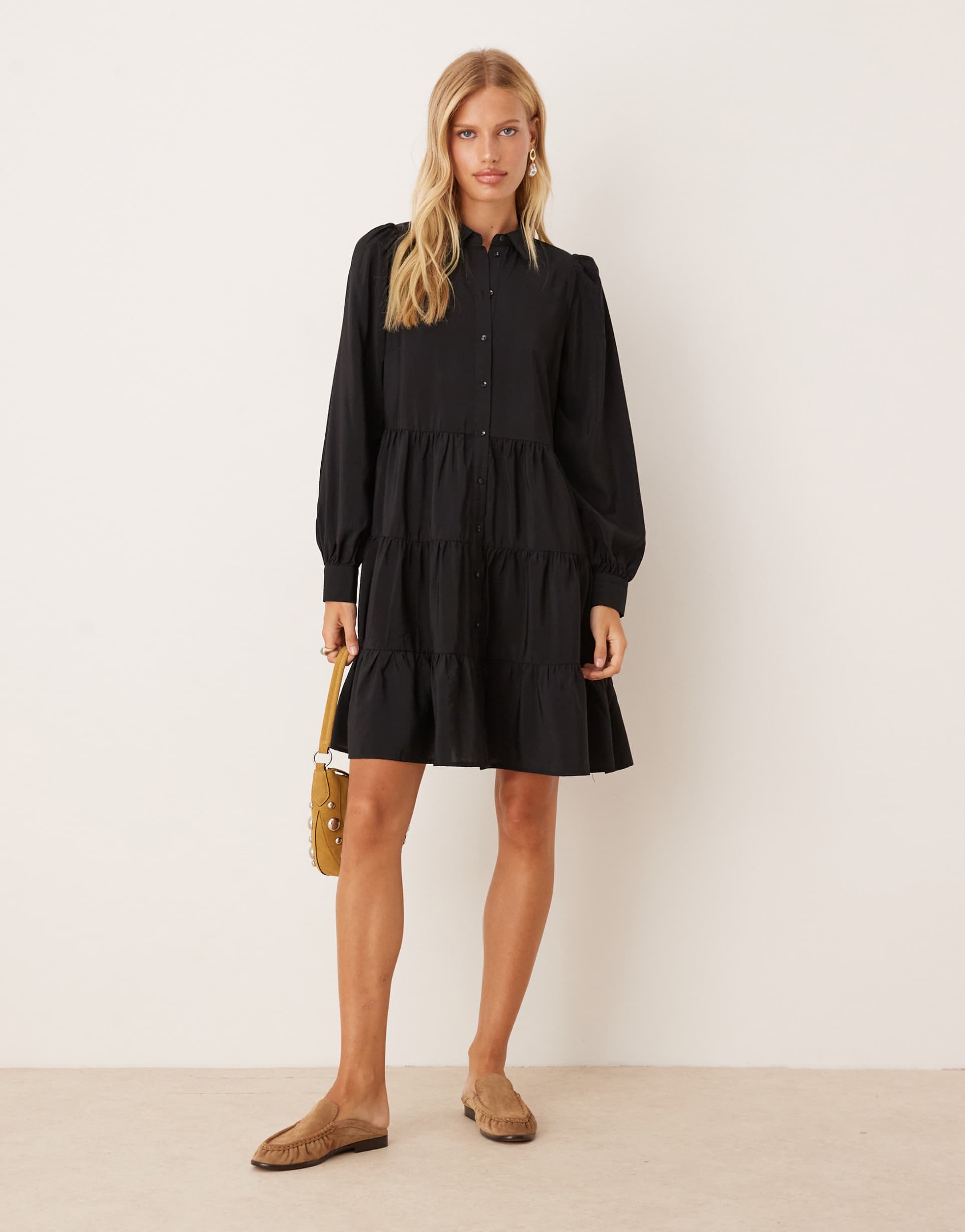 yas long sleeve tiered mini shirt dress in black